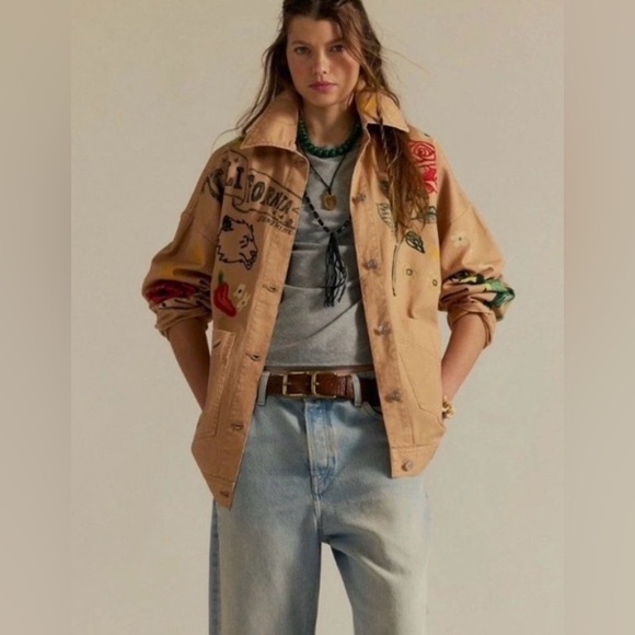 Free People Jackets & Blazers - Free People S Charm Me Chore Jacket Tan Denim Embroidered Doodles Birds